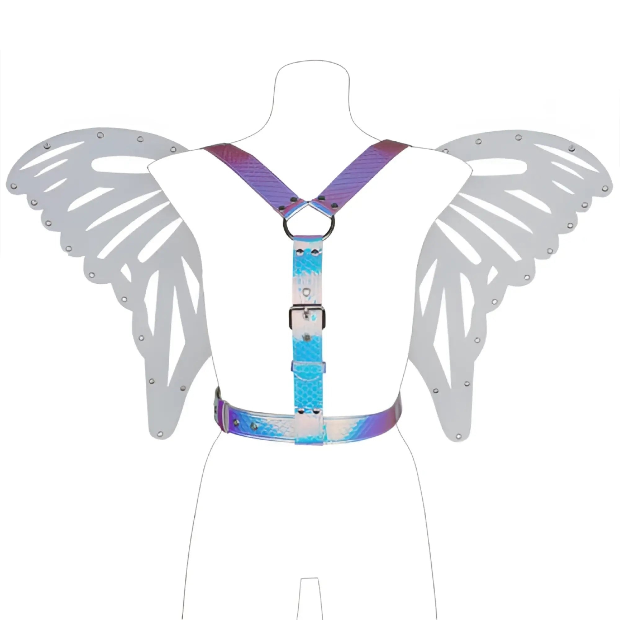 Iridescent butterfly wings harness with blue and purple wings and metallic silver accents for costume or festival wear