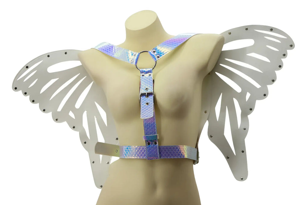 Iridescent butterfly wings harness with metallic silver wings and adjustable straps shown from the back side