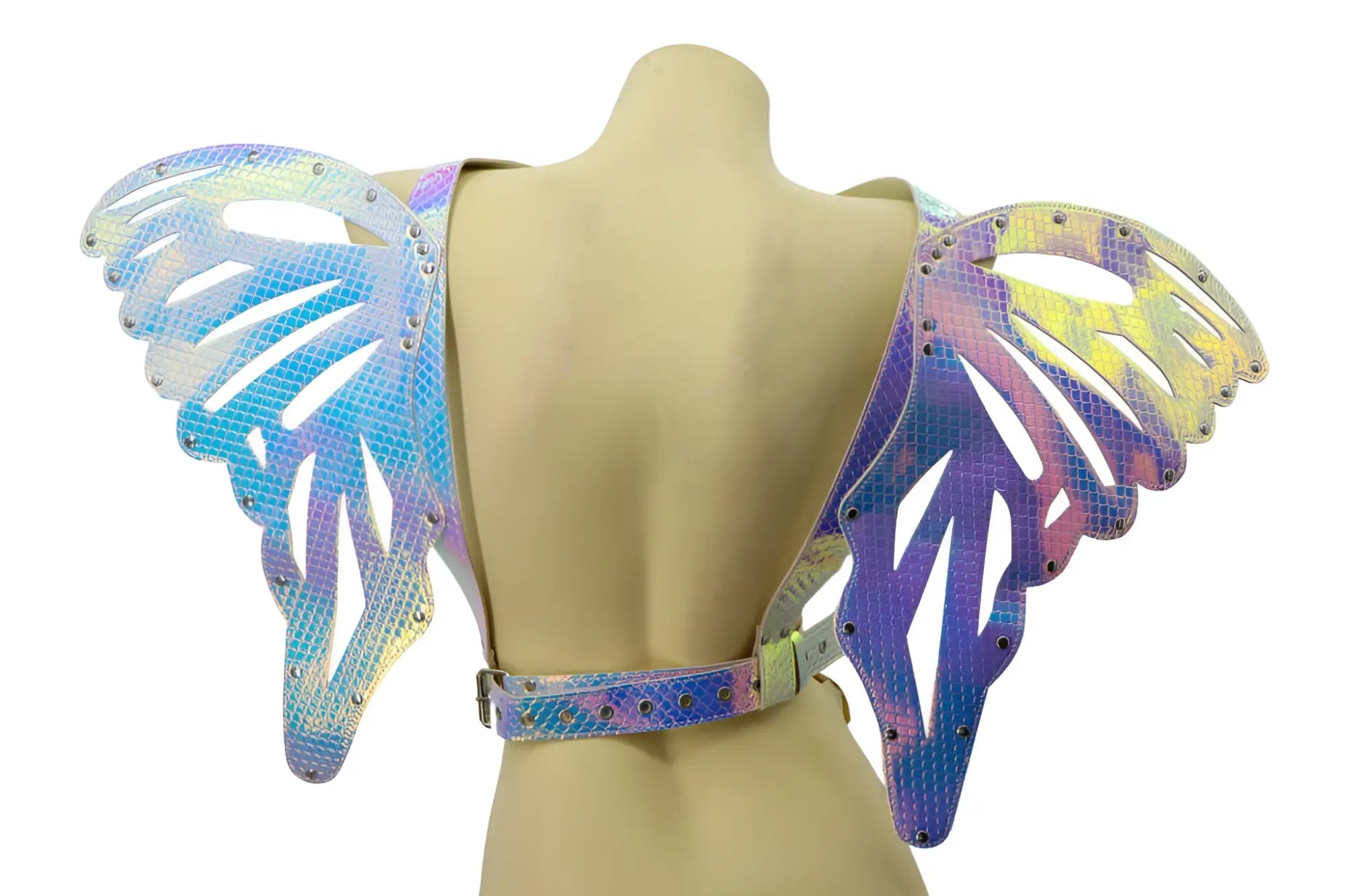 Iridescent butterfly wings harness with holographic snakeskin texture and metallic rivets displayed from the back side