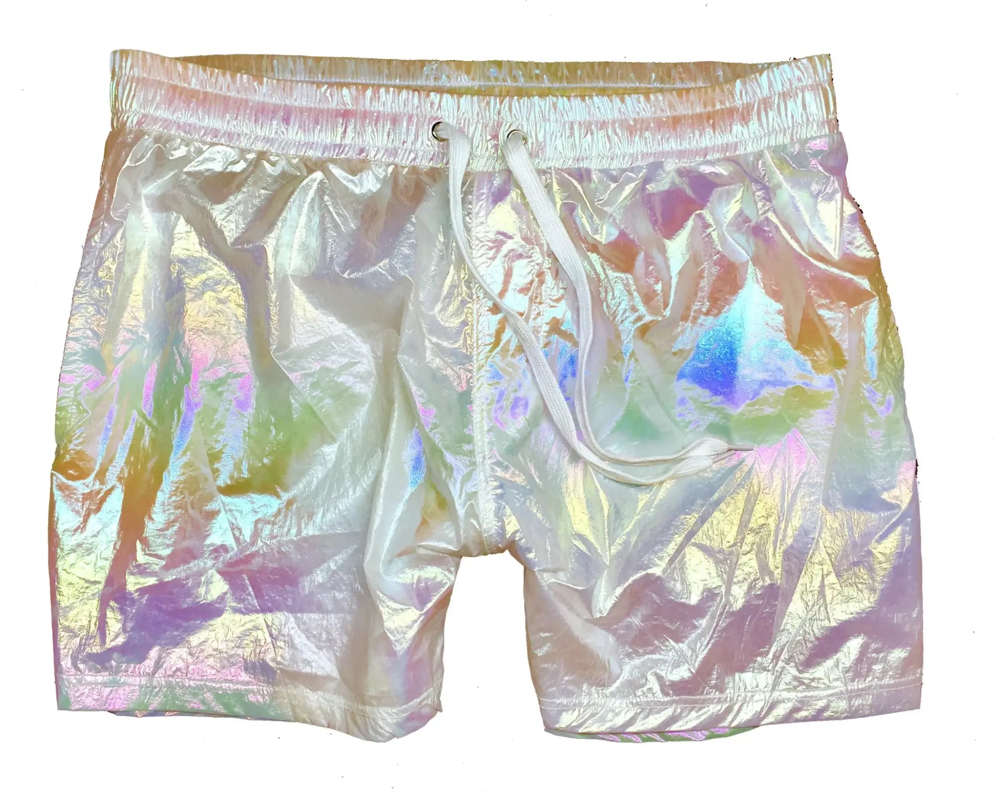 Iridescent rave shorts featuring a shiny holographic surface that shifts between white pink and gold hues