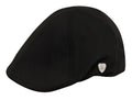 Black ivy cap flat cap with subtle texture and small silver shield emblem on the side