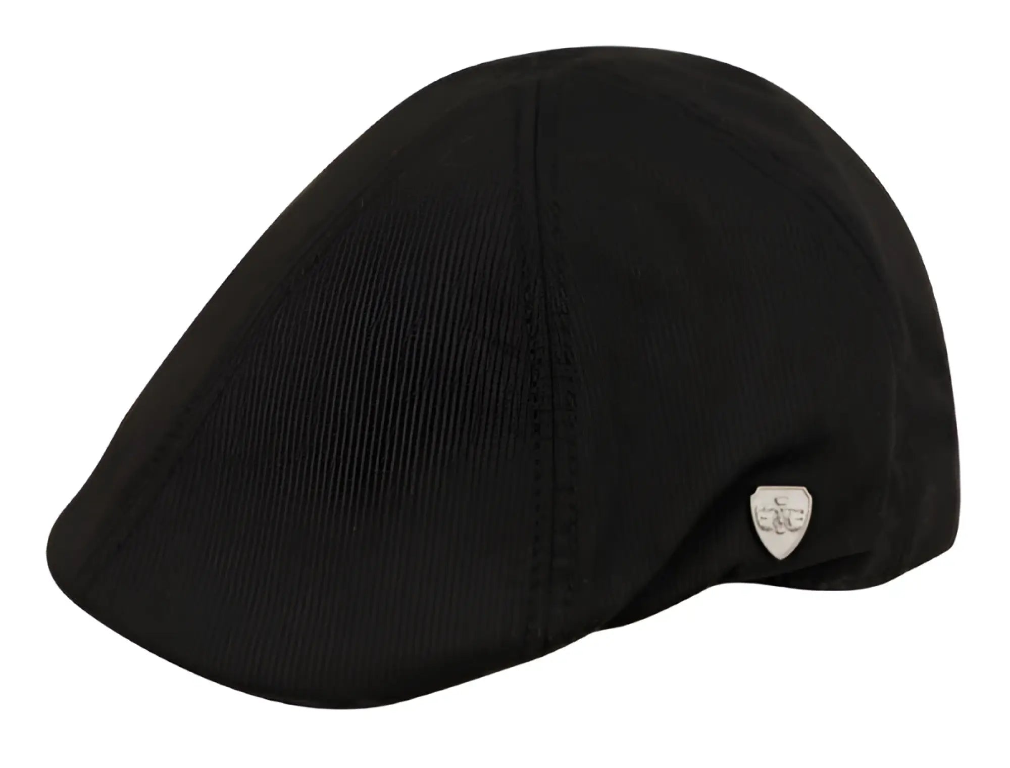 Black ivy cap flat cap with subtle texture and small silver shield emblem on the side