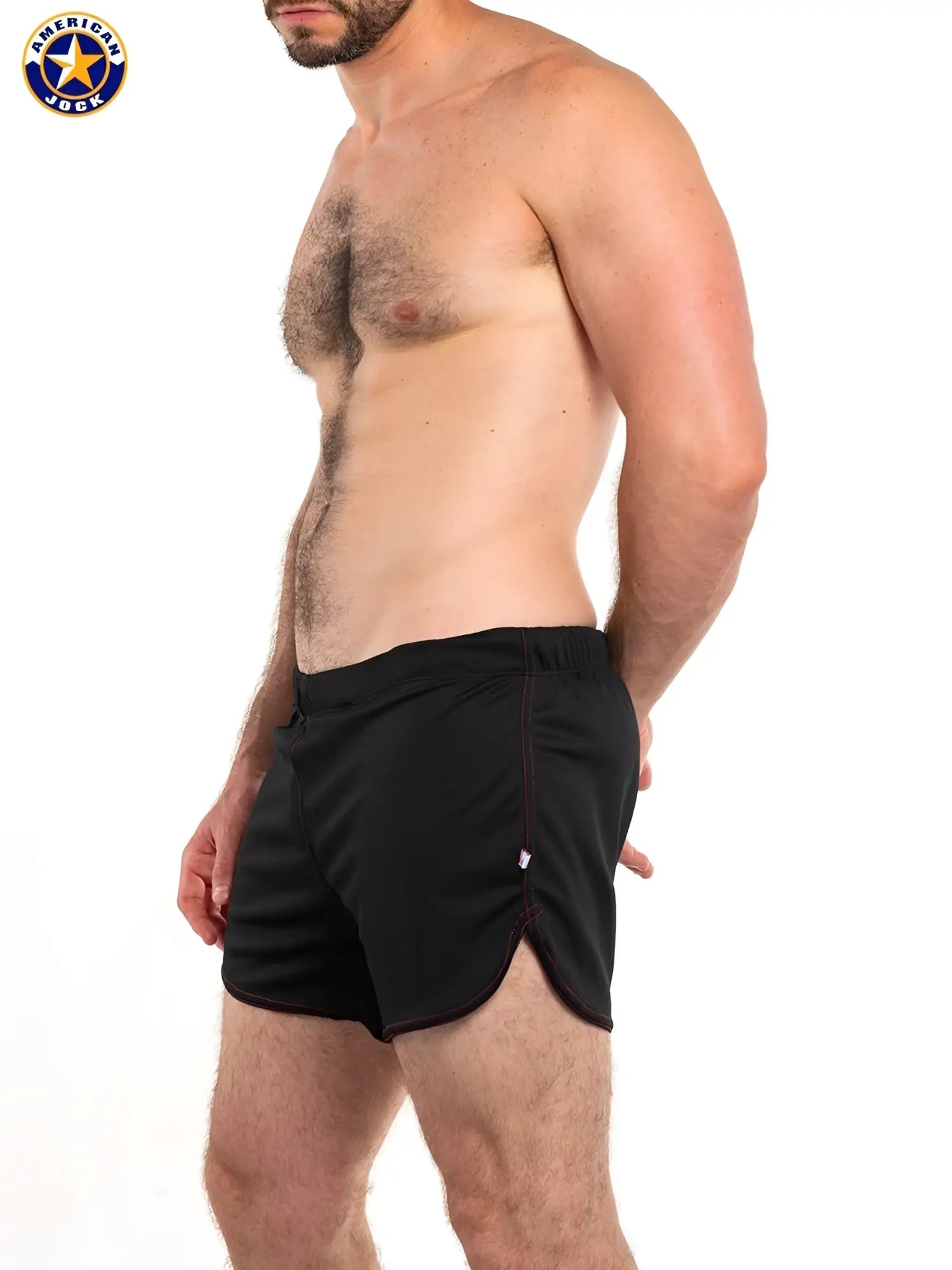 Black american jack aj 11 workout shorts with built-in jockstrap sleek form-fitting design and side seam detailing