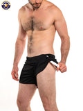 Black american jock athletic shorts with white elastic waistband and side seam detail for workout use
