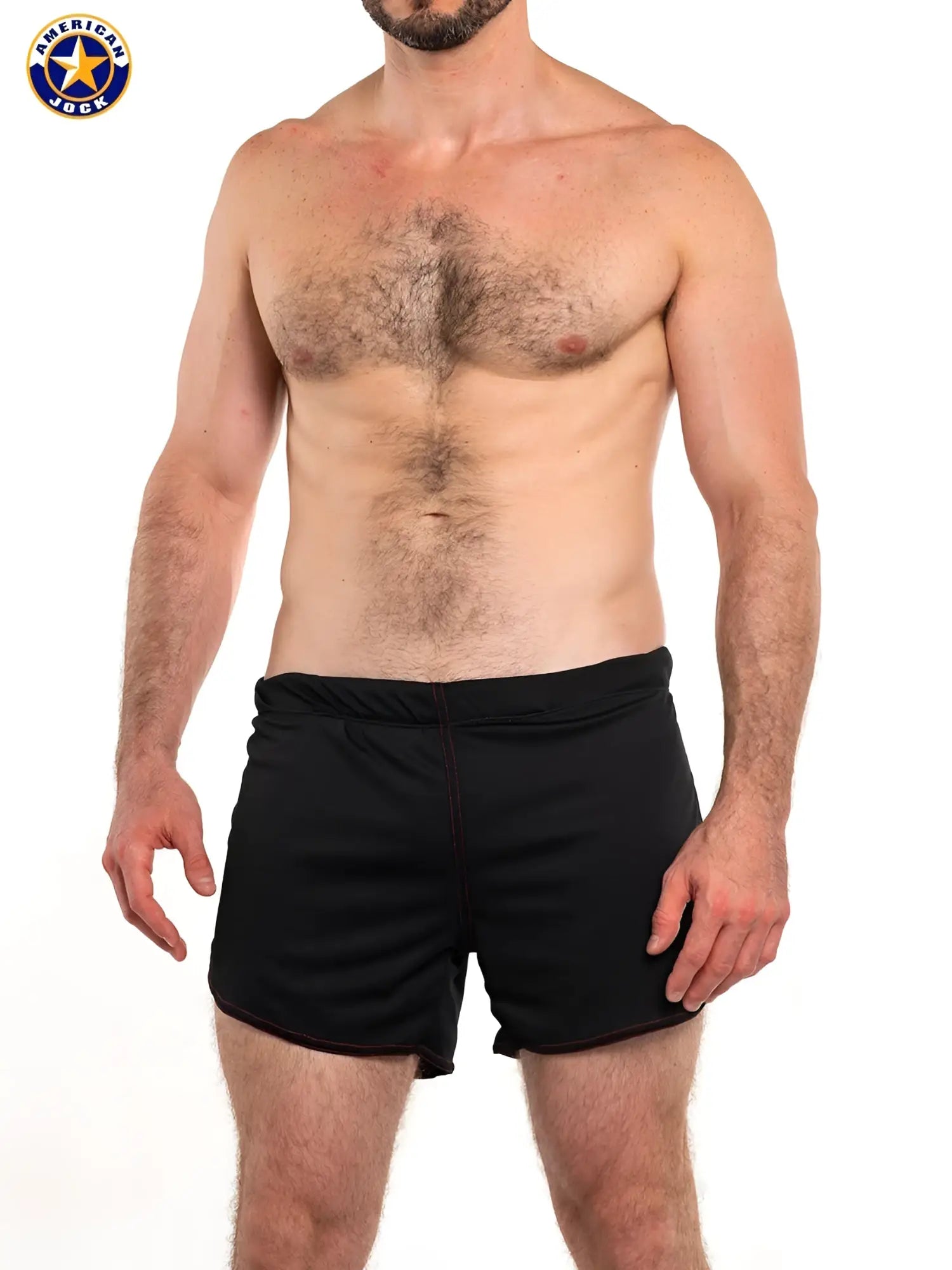 Black aj 11 inch workout shorts with built-in jockstrap snug elastic waistband and subtle red stitching along hem