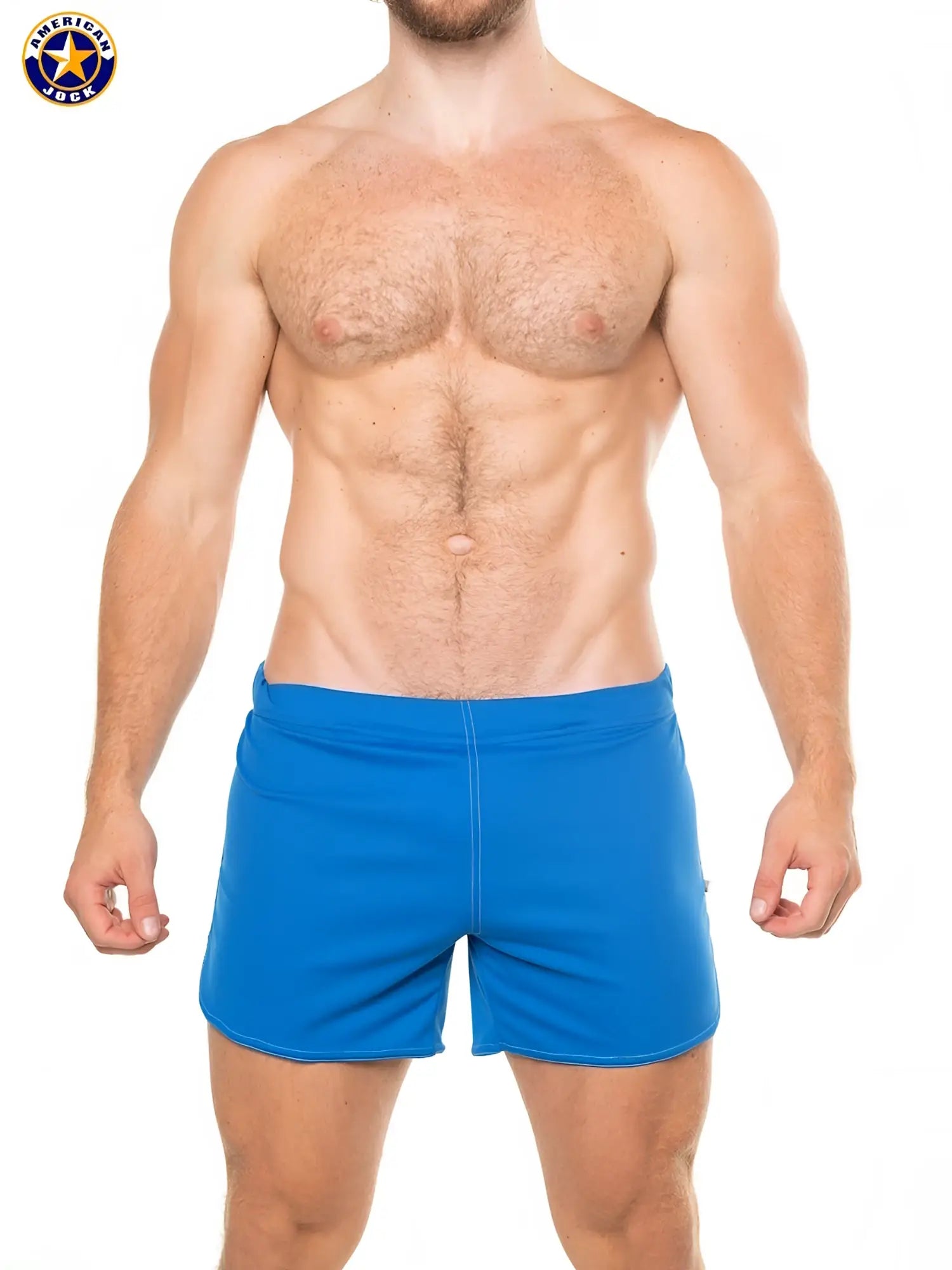 Bright blue american jack swim trunks aj 11 workout short with built-in jockstrap for athletic use