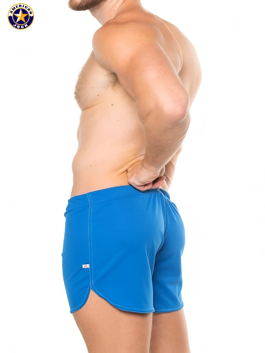 Bright blue american jock mens athletic 11 inch workout shorts with built-in jockstrap and subtle side seam stitching