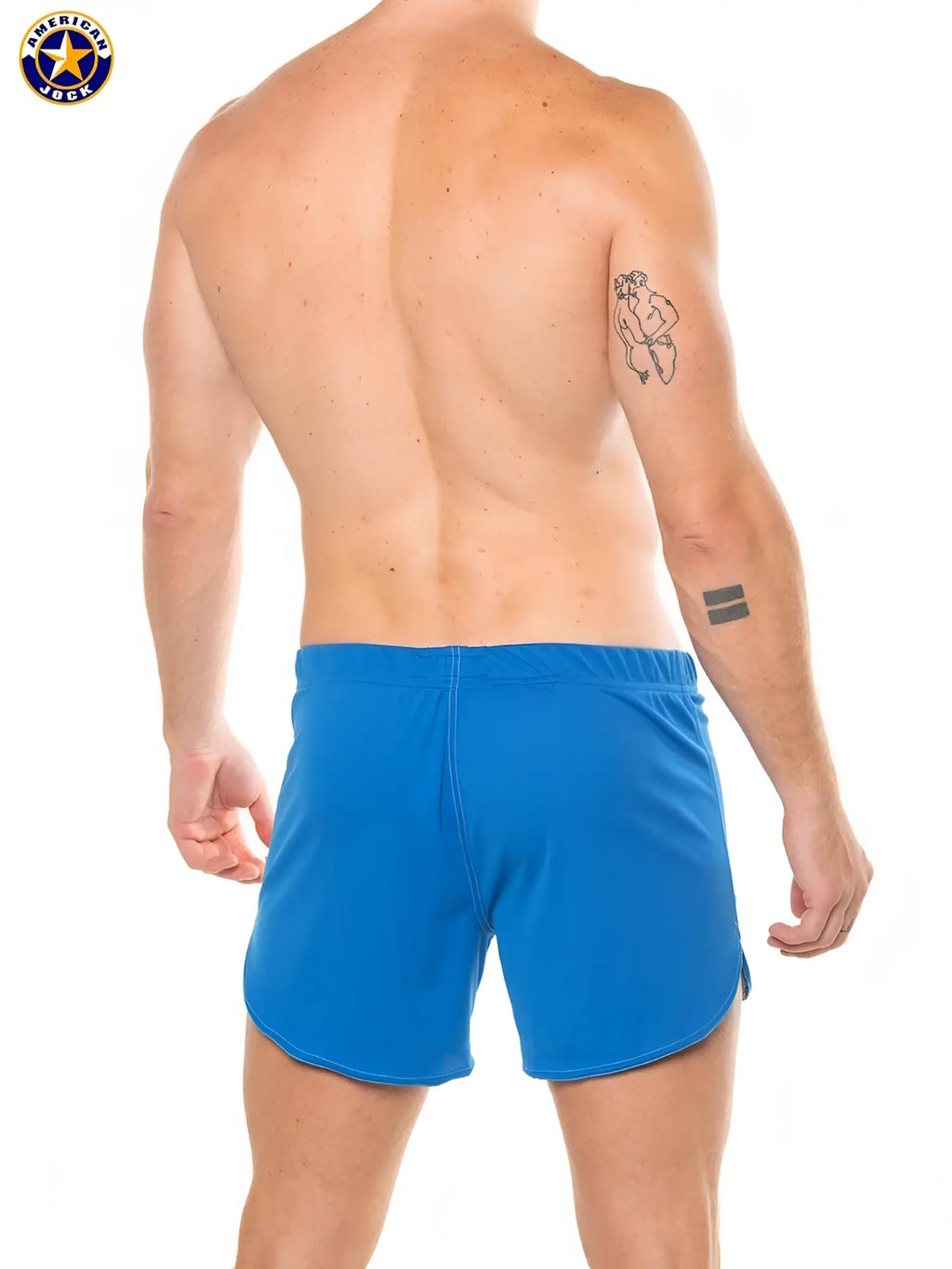 A j 11 inch bright blue workout short with built-in jockstrap featuring a snug elastic waistband and clean design