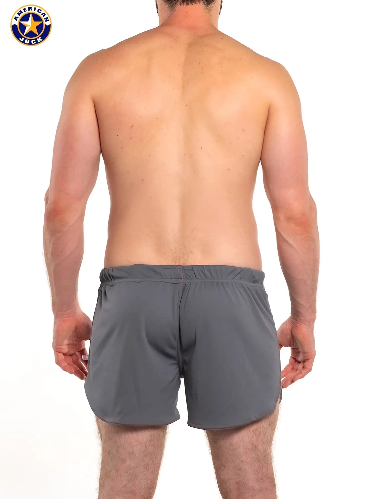 Gray american jack athletic shorts with elastic waistband and built-in jockstrap for workout use