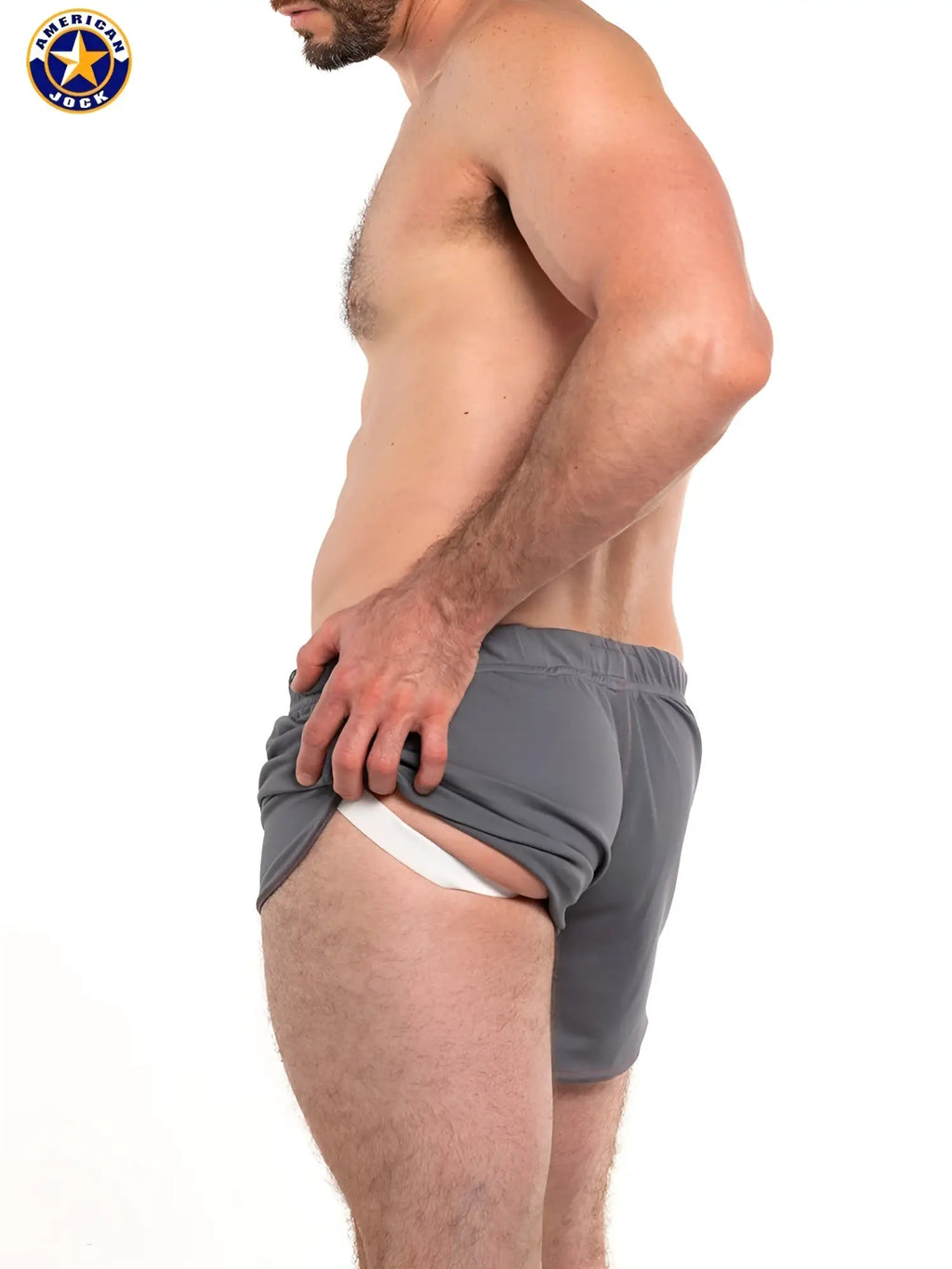 Gray american jack athletic briefs with white inner lining in aj 11 inch workout shorts with built-in jockstrap
