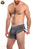 Gray american jock athletic shorts with white drawstring and elastic waistband 11 inch workout short with built-in jockstrap
