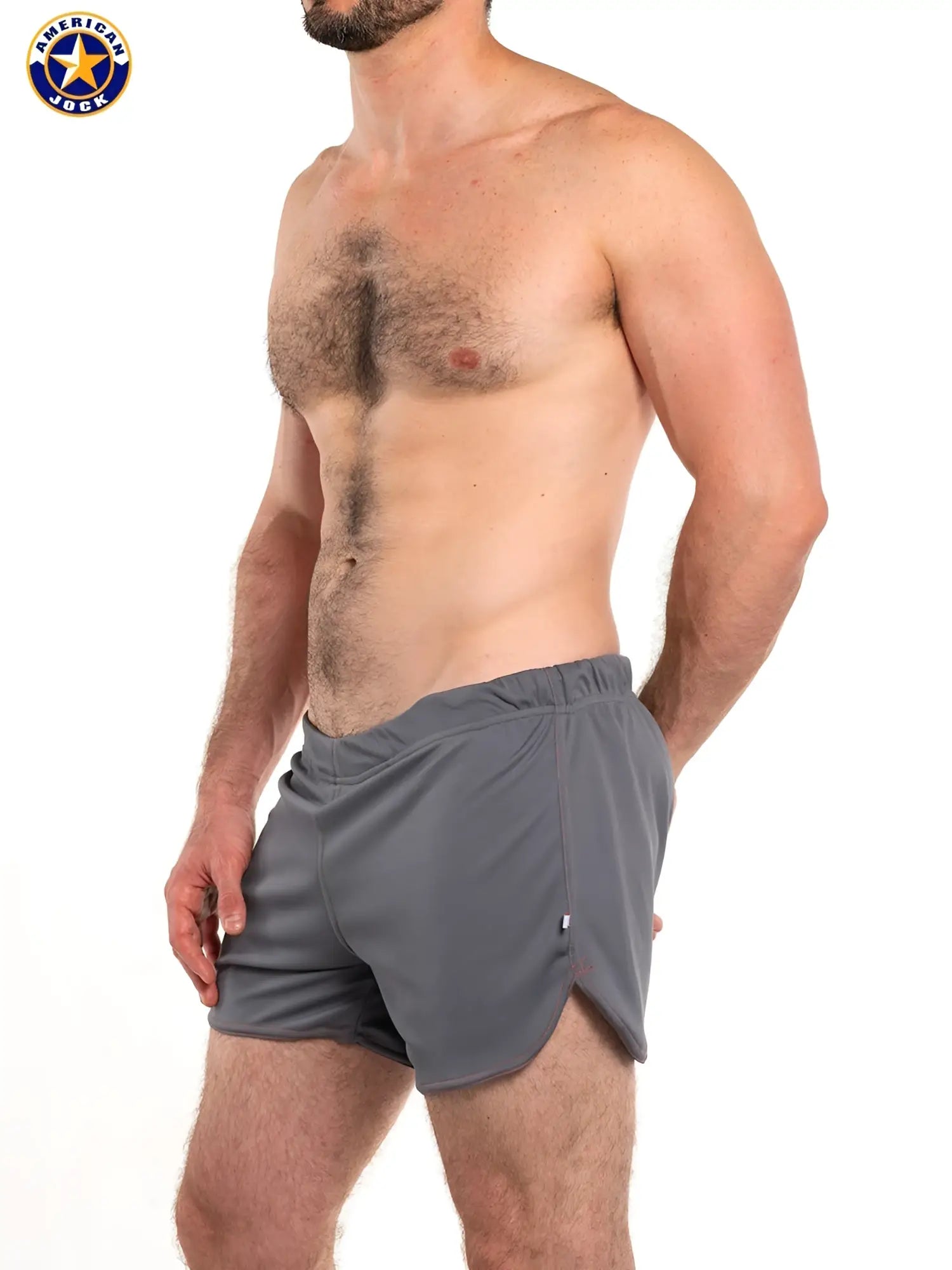 Gray aj 11 inch workout shorts with built-in jockstrap textured fabric and side seam detailing for athletic use