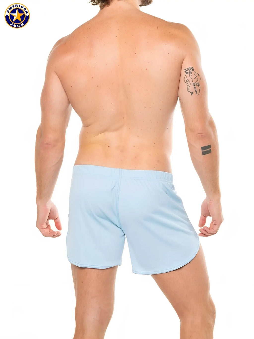 Light blue american jack men’s 11 inch workout shorts with built-in jockstrap and elastic waistband for athletics