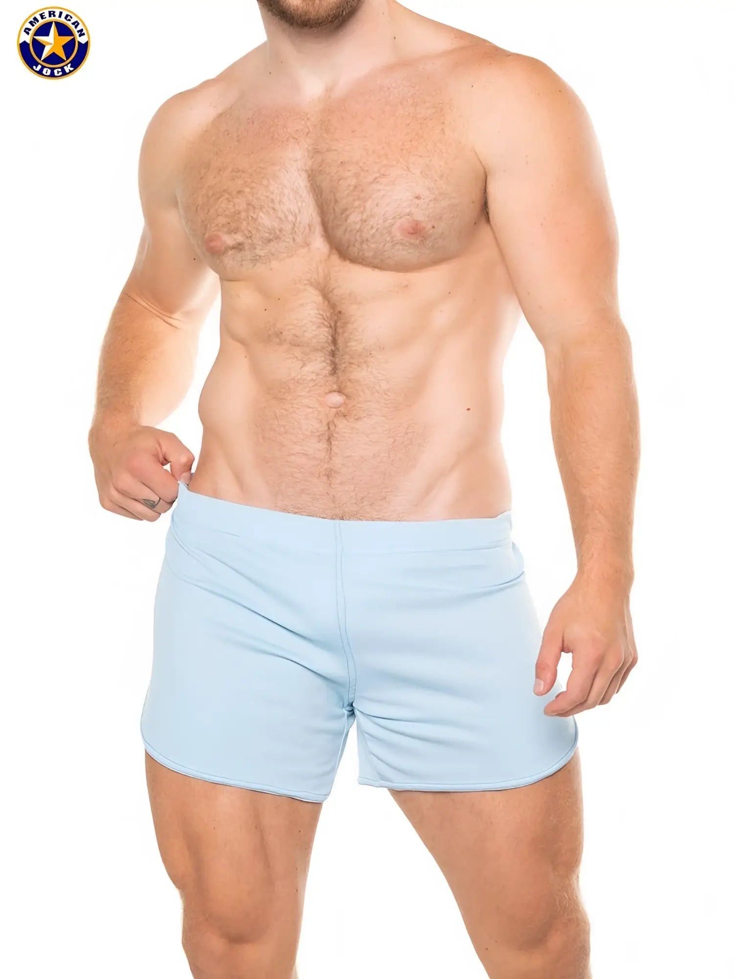 Light blue american jack 11 inch workout swim trunks with built-in jockstrap for active use