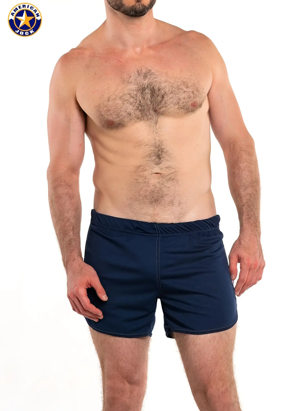 Navy blue a j 11 inch workout shorts with built-in jockstrap and elastic waistband for athletic use