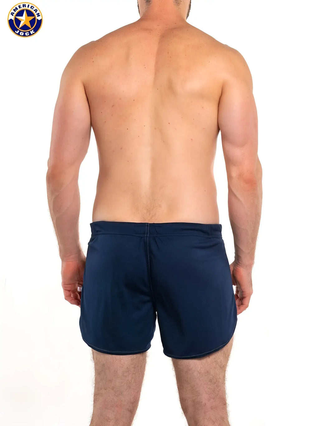 Navy blue aj 11 inch workout shorts with built-in jockstrap elastic waistband and subtle seam detail