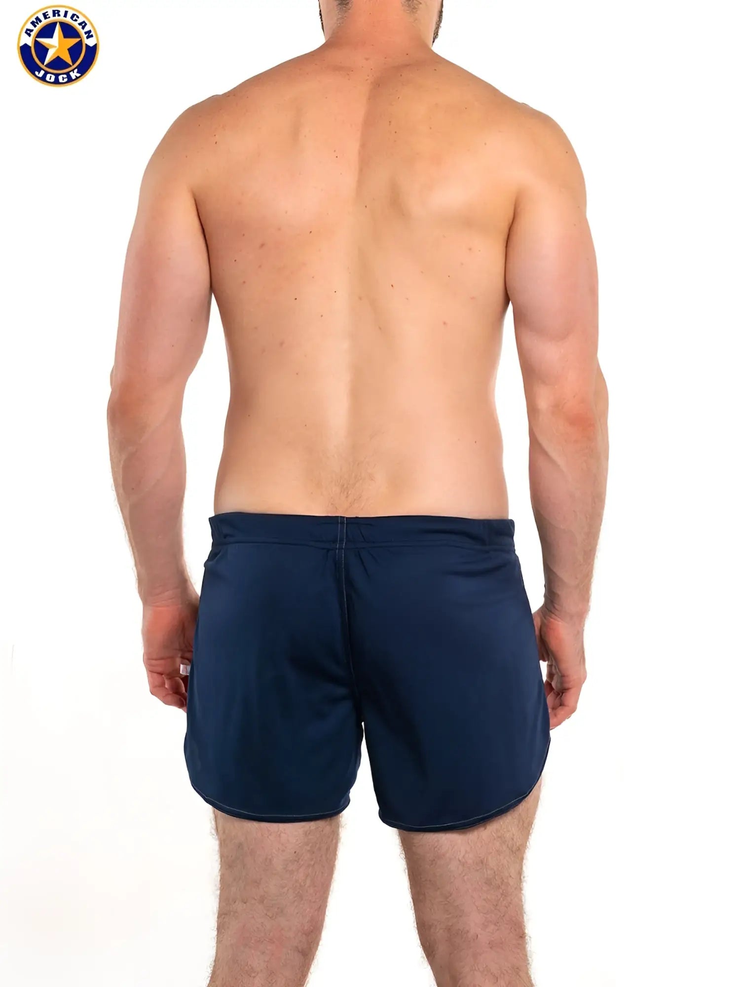 Navy blue aj 11 inch workout shorts with built-in jockstrap elastic waistband and subtle seam detail