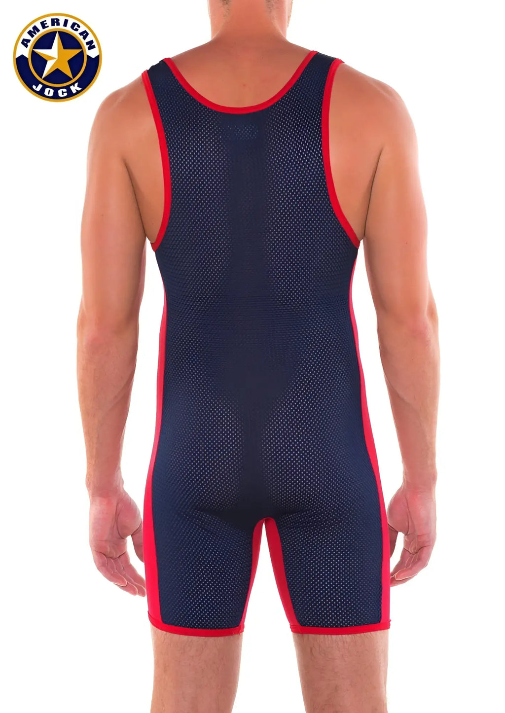 A navy blue and red american jock wrestling singlet with mesh fabric and trim called a j action mesh singlet