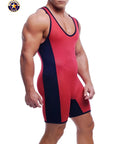 A j action mesh singlet in red and navy blue american iron colors with breathable mesh texture for wrestling