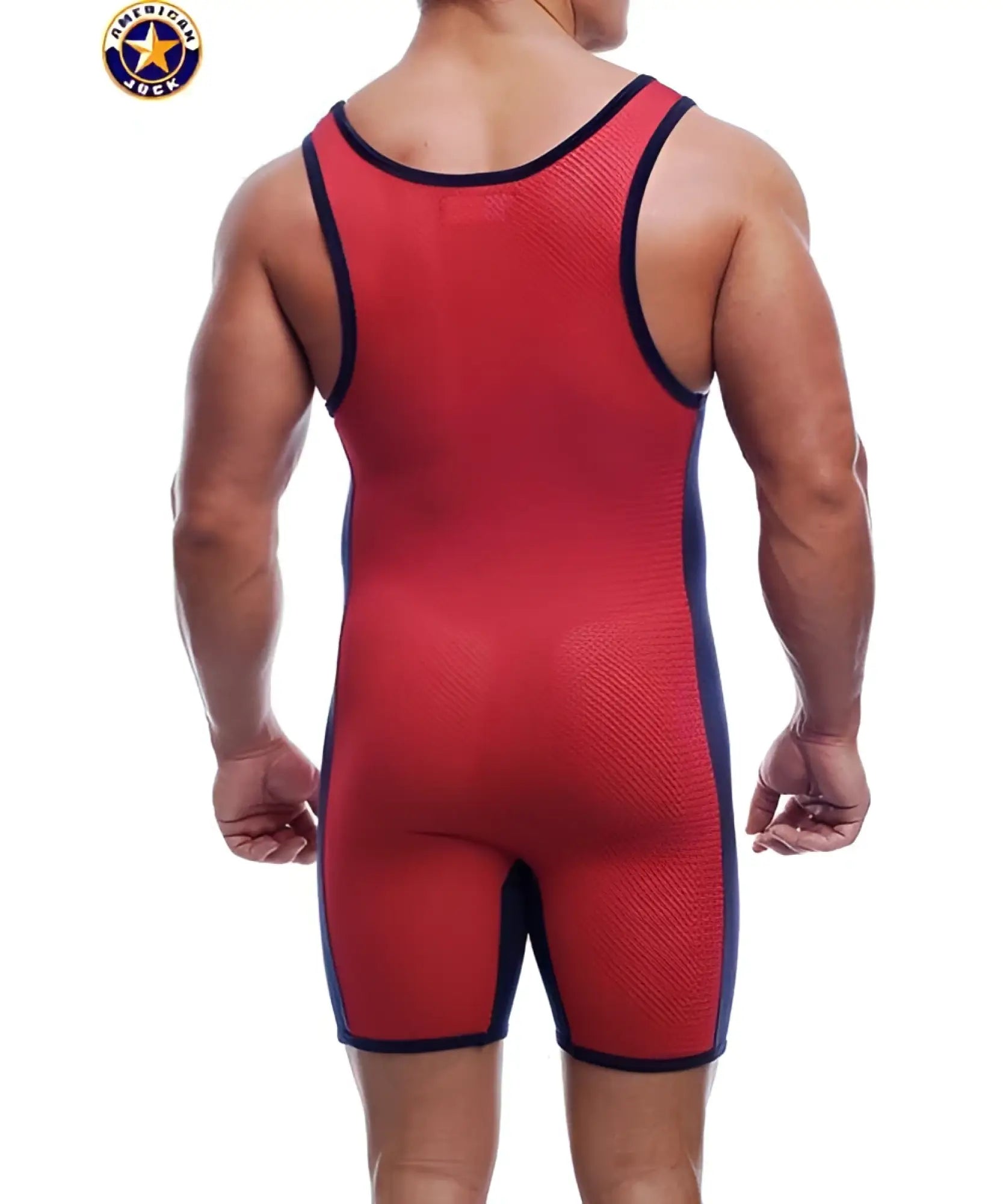 A red and navy blue american jack a j action mesh singlet with textured fabric designed for wrestling use
