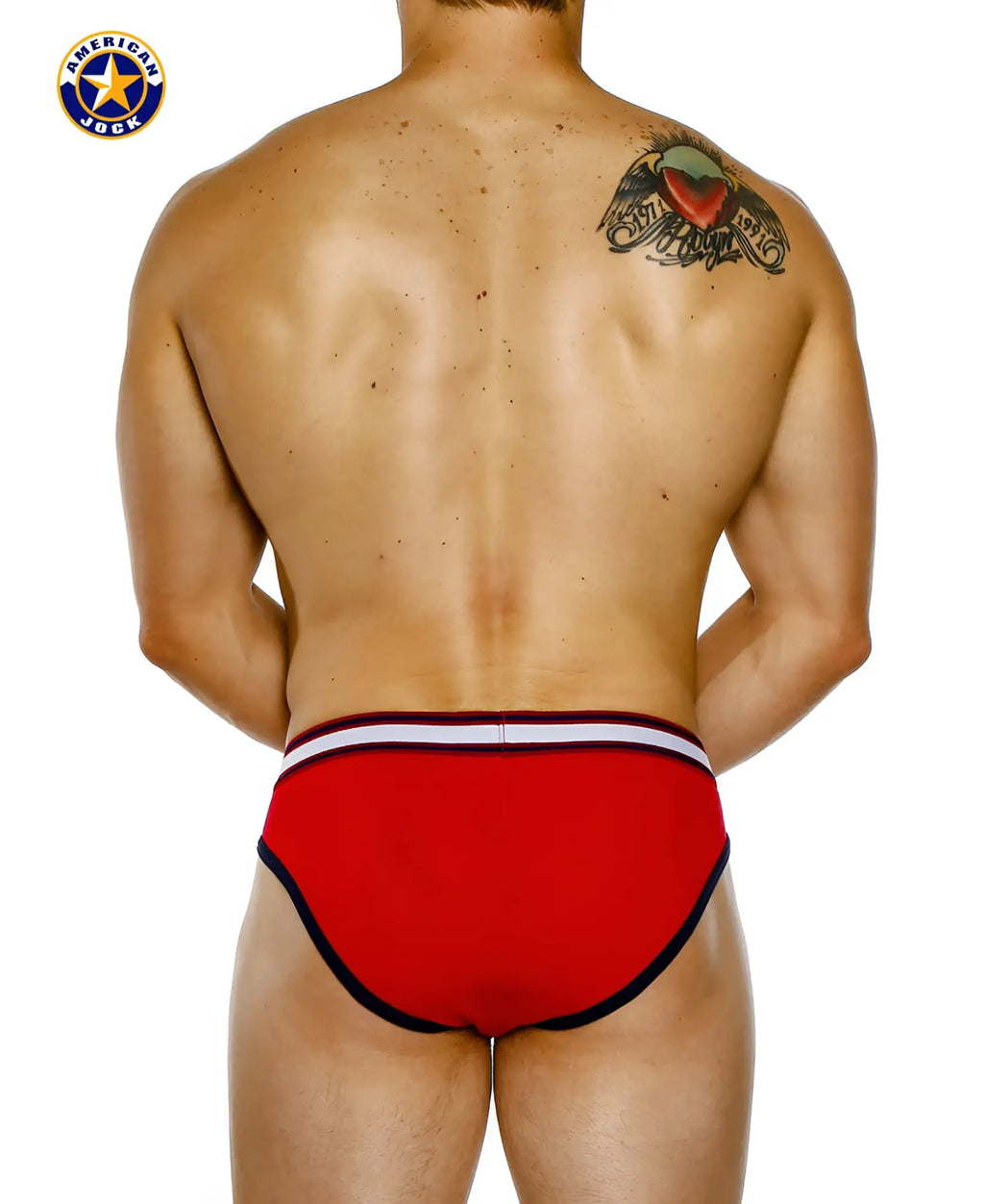 A j aktivo hi-cut brief in red american jock style with black and white trim for active support and comfort