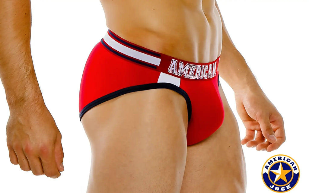 A j aktivo hi-cut brief in red american jock style with white and navy trim designed for athletic support