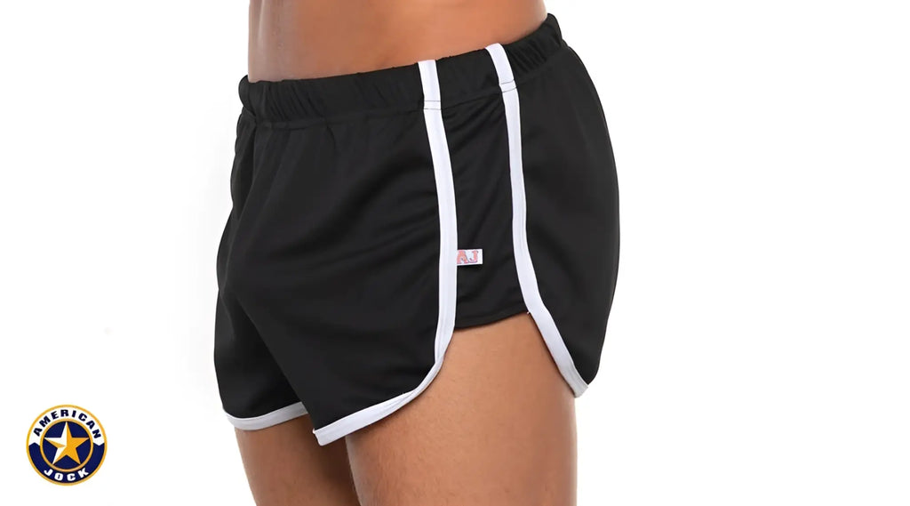 Black American jock shorts by A J Basics with white side stripes and hem trim in 10 inch workout length