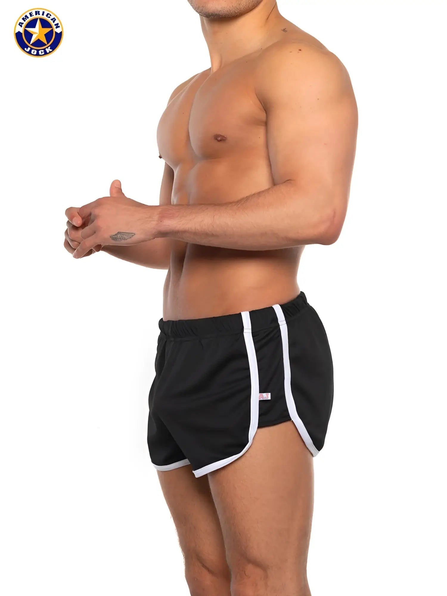 Black A J Basics 10 inch workout shorts with white side stripes and trim designed for athletic yoga use