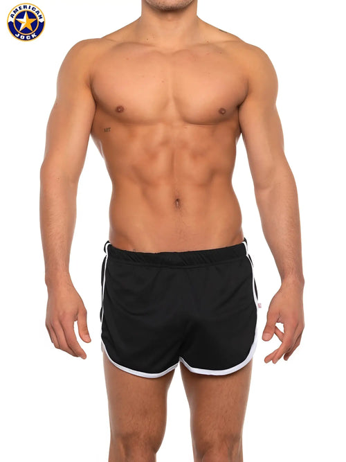 A j basics 10 inch workout short in black with white side stripes and trim featuring an elastic waistband