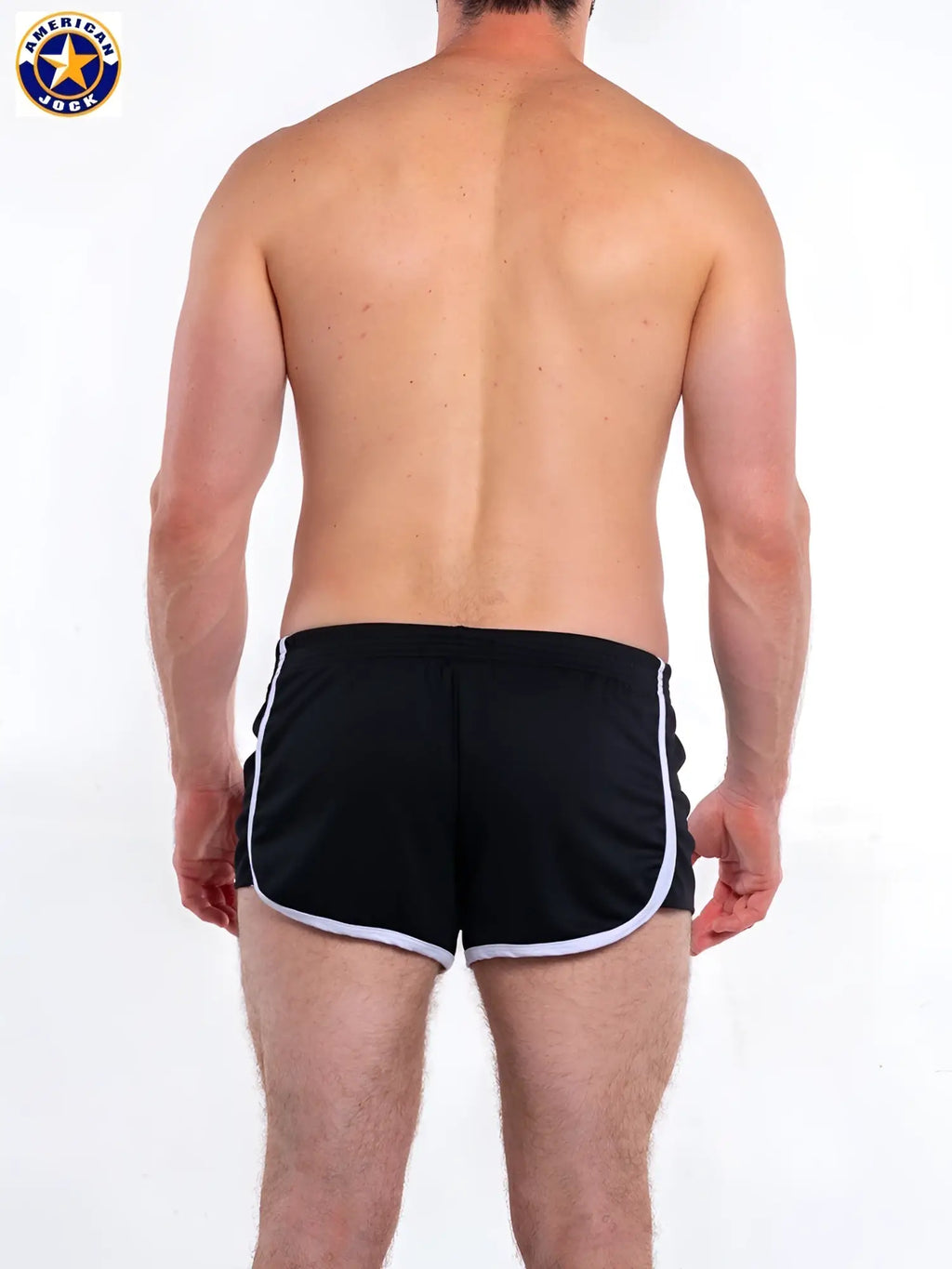 Black athletic shorts with white side stripes and hem trim featuring a classic sporty design by a j basics 8 inch short