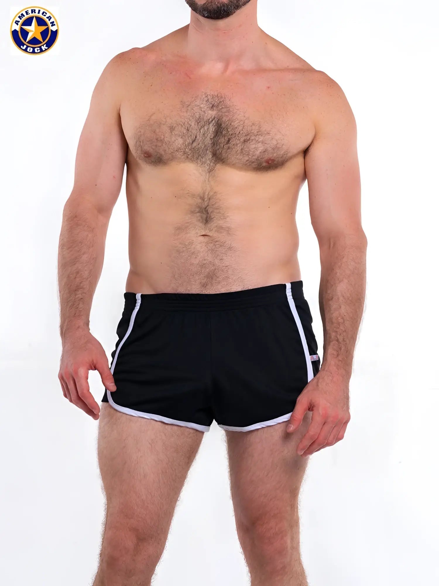 A j basics 8 inch black athletic shorts with white side stripes and matching hem in a classic sporty design
