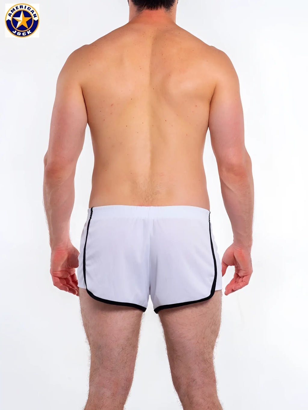 White american jock athletic shorts with black trim featuring an 8 inch inseam by a j basics