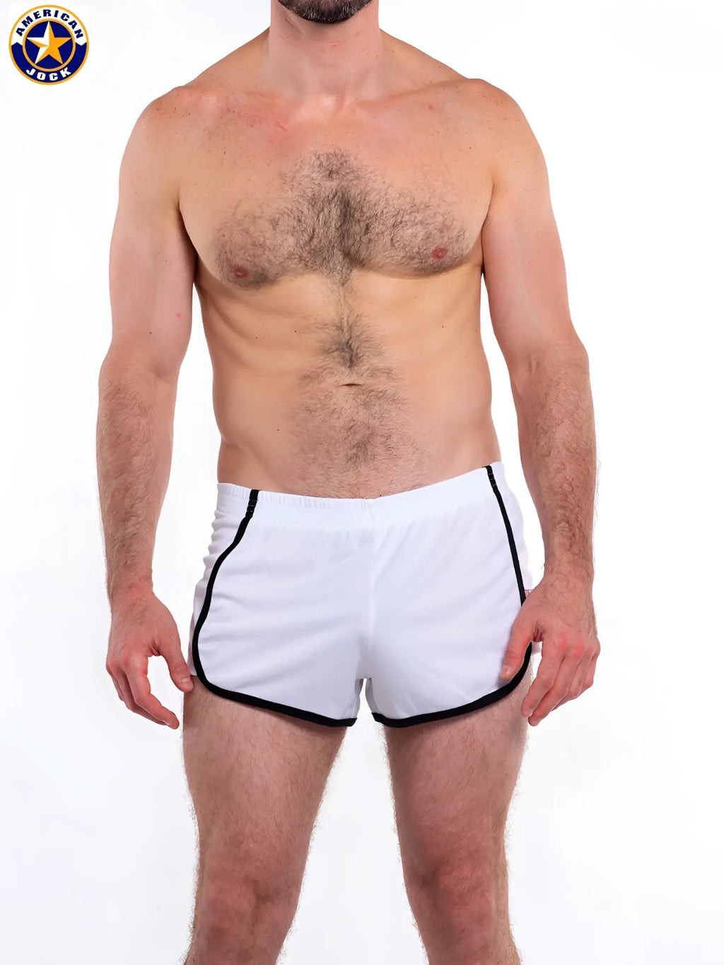 A j basics 8 inch white athletic shorts with black trim and elastic waistband featuring a classic sporty design