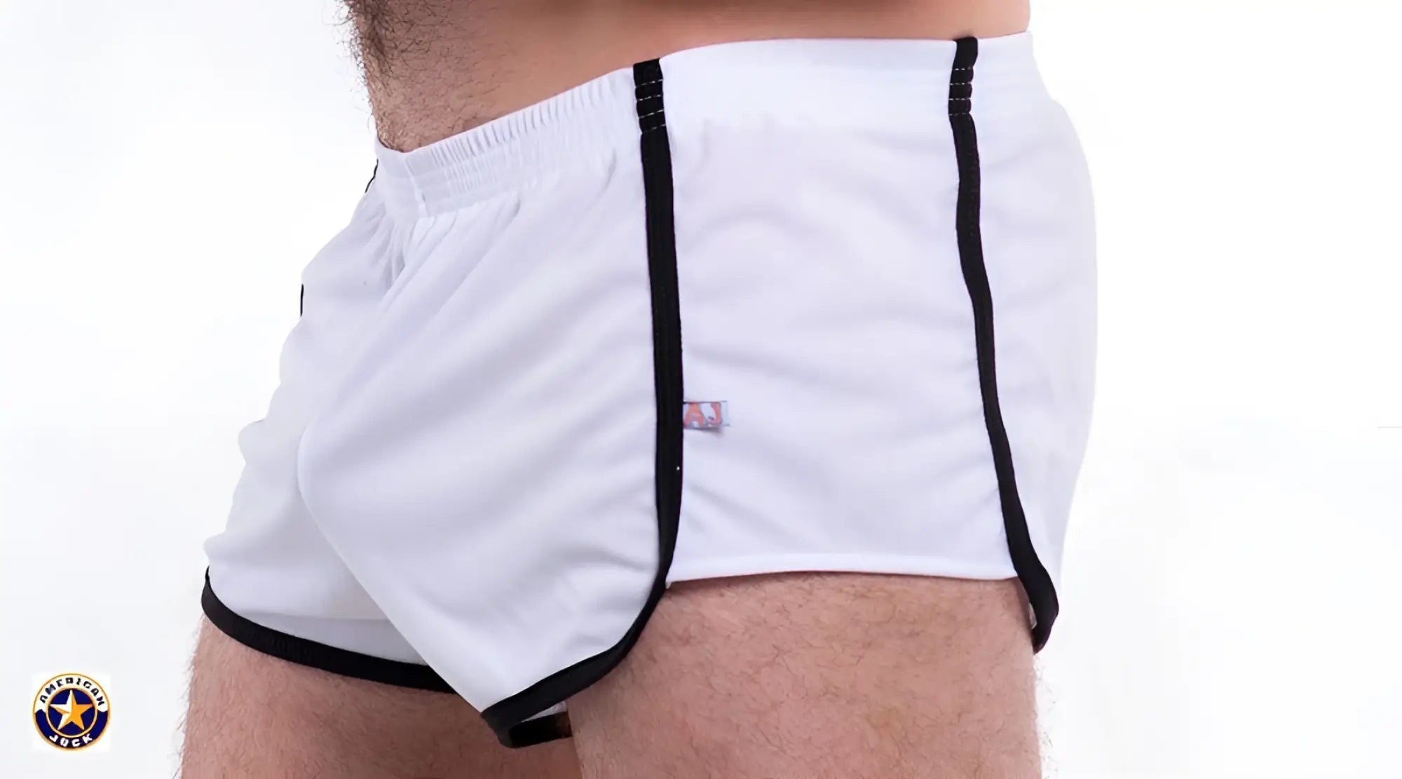 White a j basics 8 inch athletic shorts with black trim and elastic waistband for active wear