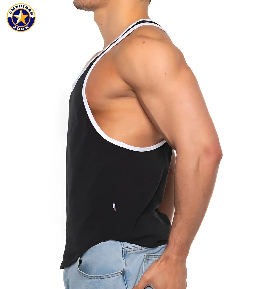 Black american jock tank top with white trim from a j basics bodybuilder tank for athletic wear