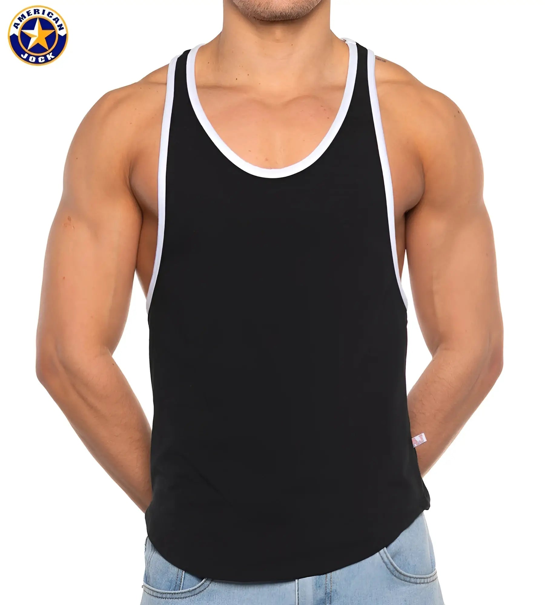 Black american jock tank top with white trim from a j basics bodybuilder tank for athletic wear