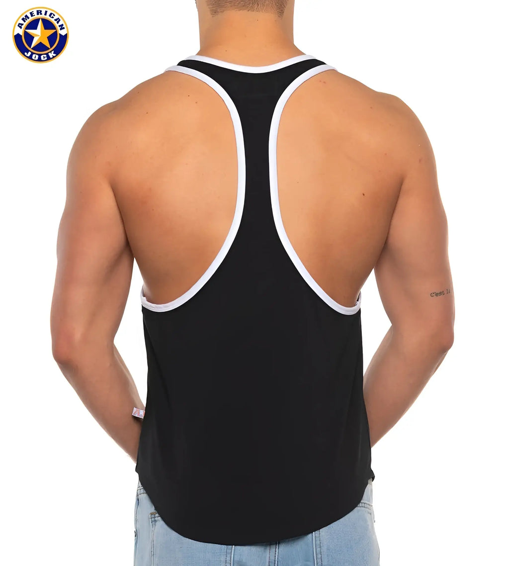 A j basics bodybuilder tank black jock tank top with white trim around neckline and armholes for athletic wear