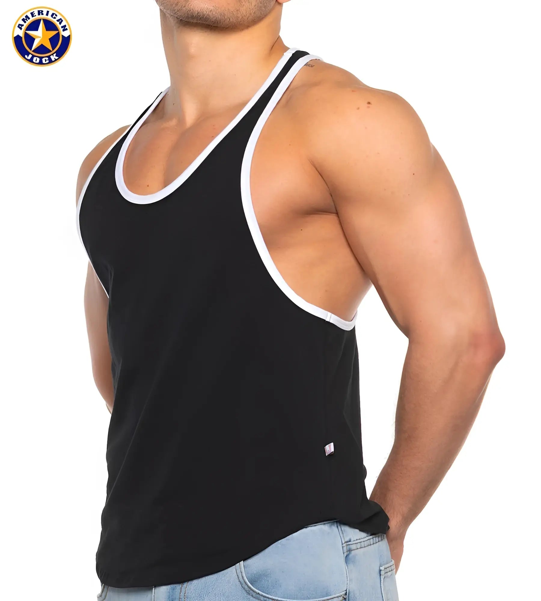 A j basics bodybuilder tank in black with white trim designed as a jock style athletic muscle shirt