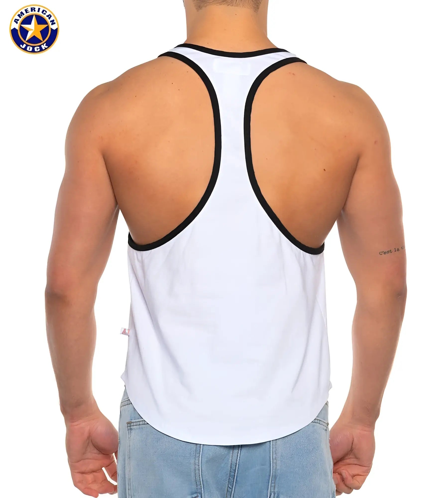 White american jock tank top with black trim around neckline and armholes from a j basics bodybuilder tank collection