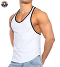 A j basics bodybuilder tank in white cotton with black trim designed as a jock style tank top