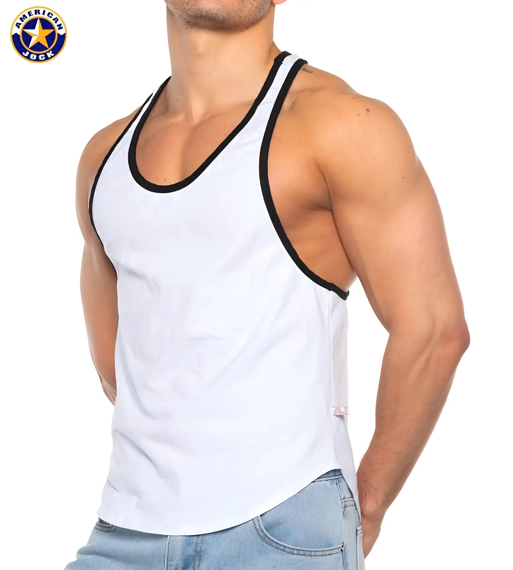 A j basics bodybuilder tank in white cotton with black trim designed as a jock style tank top