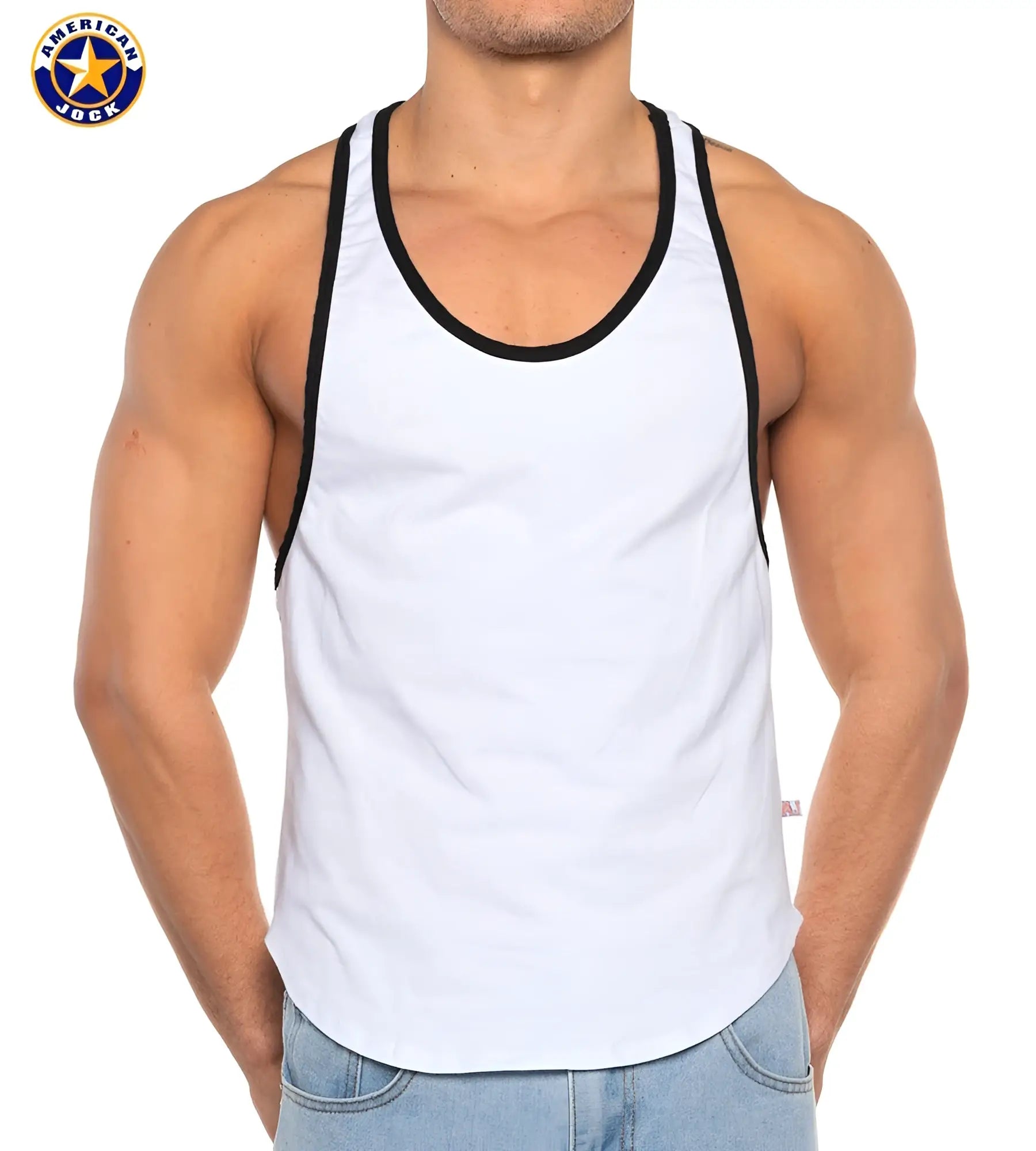 White american jock tank top with black trim by a j basics designed for bodybuilding and athletic use