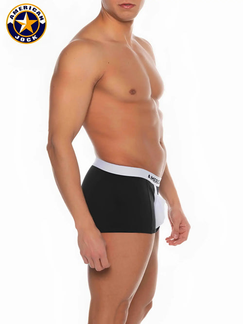 Black american jock boxer briefs with white elastic waistband and a j basics logo for comfortable support