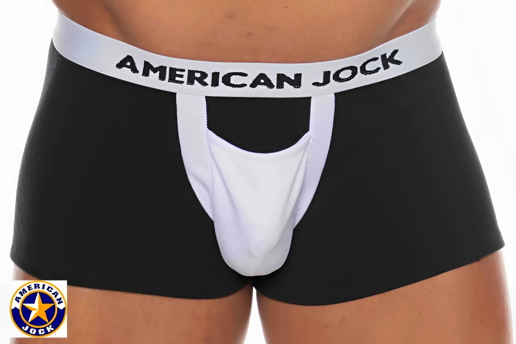 Black A J Basics boxer brief jock briefs with white waistband and front pouch featuring bold brand lettering
