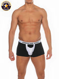 A j basics boxer brief in black and white with a distinctive central pouch design for comfort and support