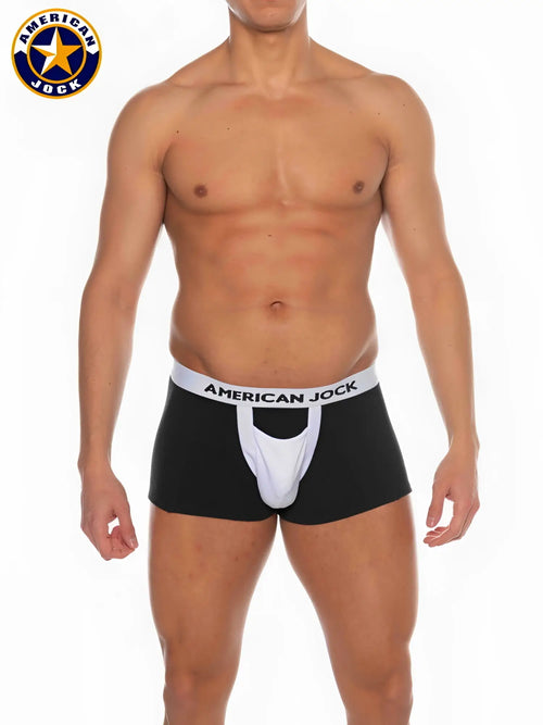 A j basics boxer brief in black and white with a distinctive central pouch design for comfort and support
