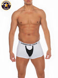 A j basics boxer brief in white with a black front pouch and brand name on waistband for athletic support