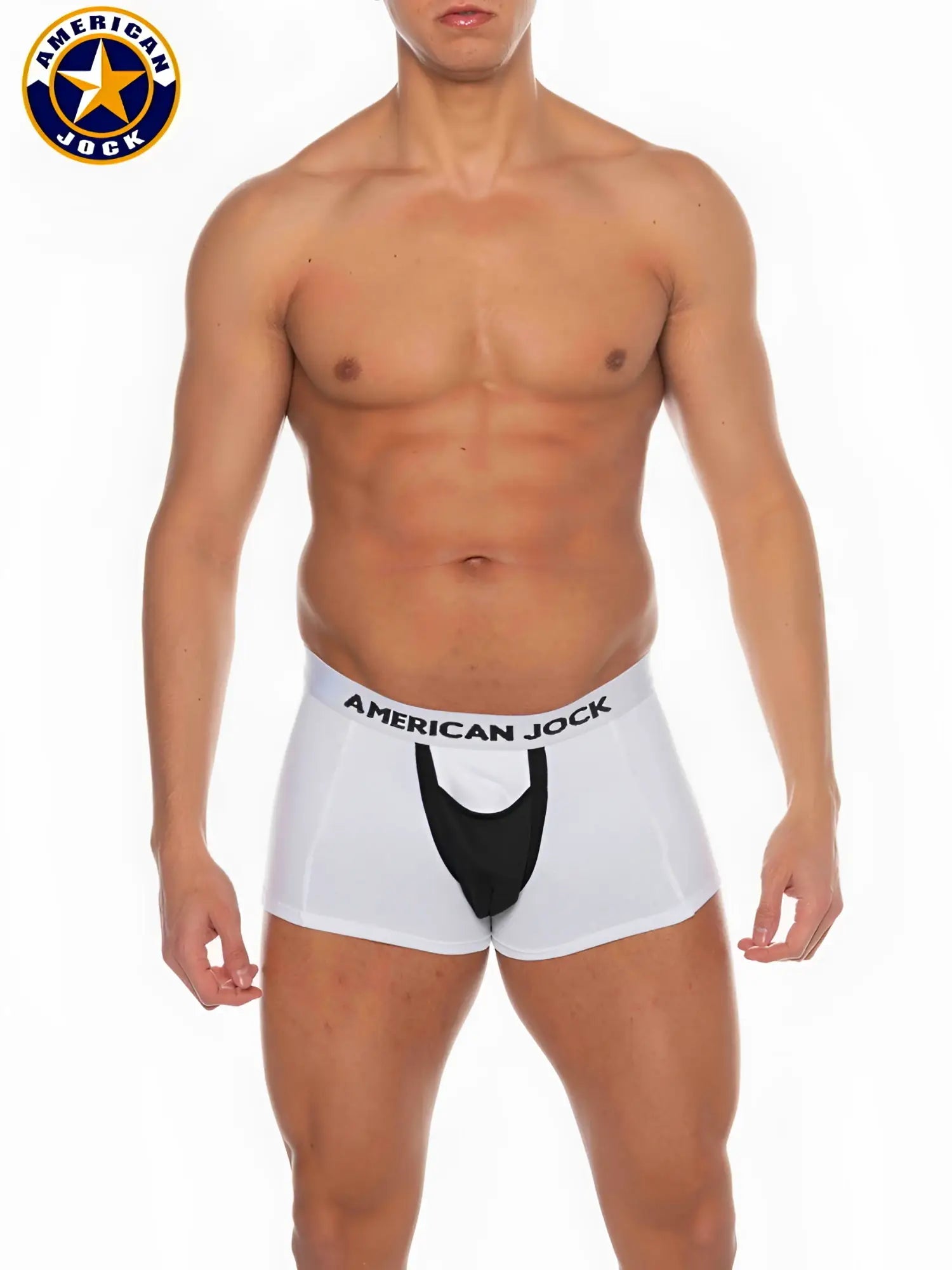 A j basics boxer brief in white with a black front pouch and brand name on waistband for athletic support