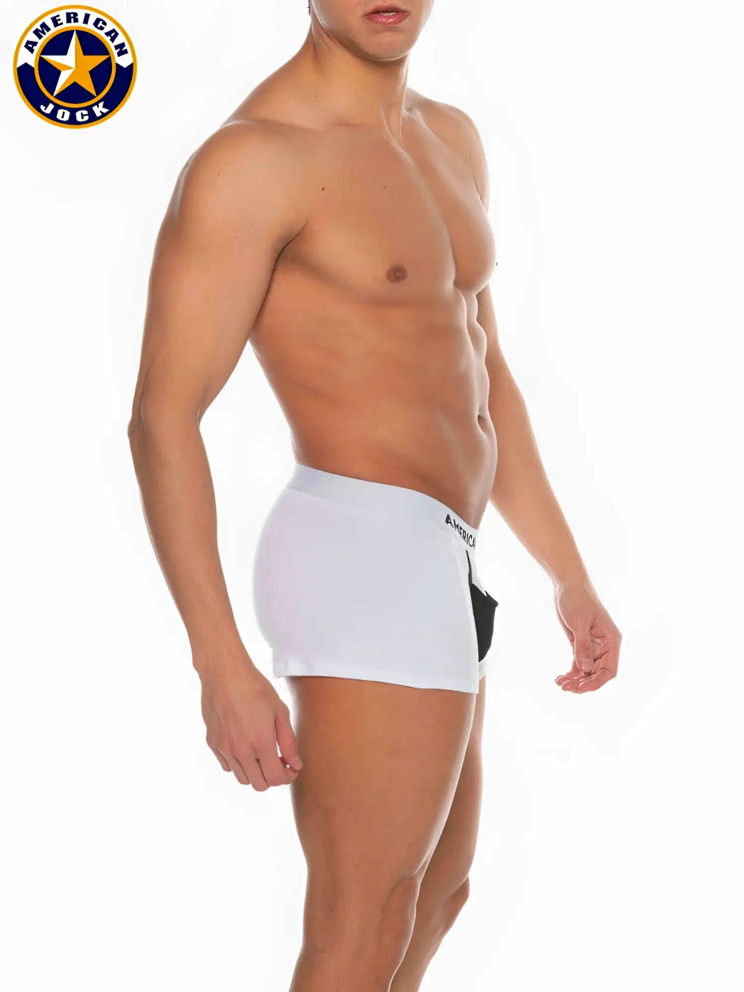 White american jock briefs with a black side panel and A J Basics brand logo on the waistband