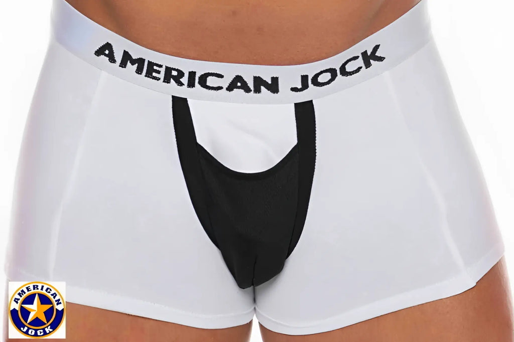 White american jock briefs with black supportive pouch and branded waistband from a j basics boxer brief collection